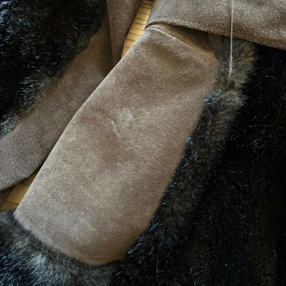 Vintage Rosewin Tissavel Brown Faux Fur Suede Belted Mid Coat Jacket Womens M‎ L